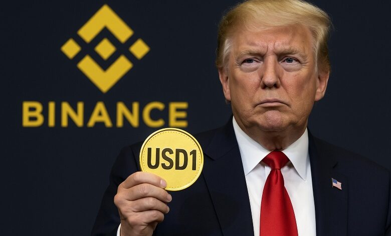 Donald Trump holding USD1 stablecoin in front of Binance logo, illustrating Binance’s dominant support for USD1.