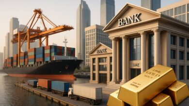 Realistic illustration of UAE banks with digital tokens flowing into global trade assets, including oil barrels, gold bars, shipping containers, and cargo ships.