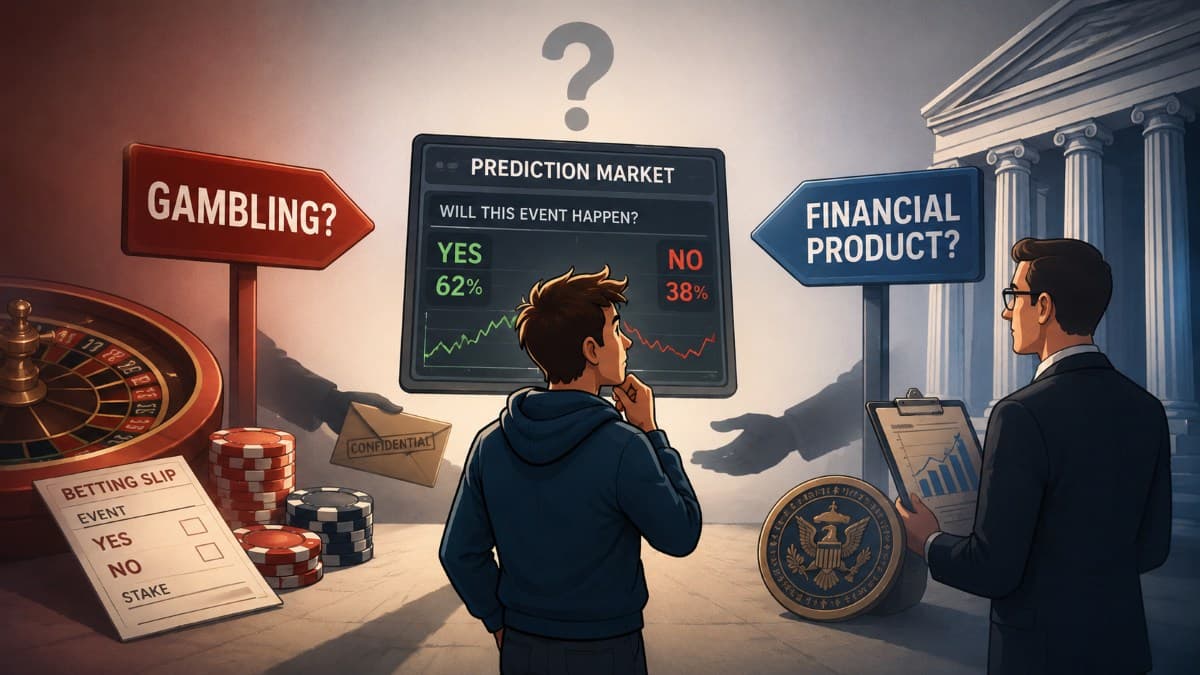 Cartoon-style illustration of a prediction market screen between gambling and financial product signs, highlighting the regulatory debate over event contracts.