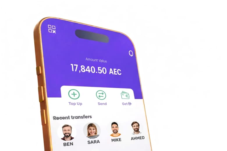 AEC Wallet app interface displaying AE Coin balance after crypto-to-dirham conversion