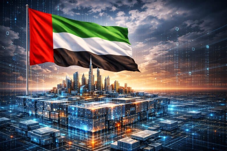 UAE flag over digital infrastructure representing regulated blockchain execution era