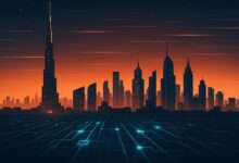 UAE digital Finance: a cinematic Dubai skyline at dusk with digital blockchain grids