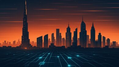 UAE digital Finance: a cinematic Dubai skyline at dusk with digital blockchain grids