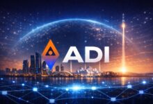 Futuristic-illustration-of-Abu-Dhabi-skyline-with-blockchain-network-representing-ADI-Chain-institutional-infrastructure