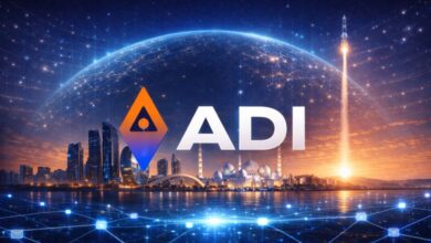 Futuristic-illustration-of-Abu-Dhabi-skyline-with-blockchain-network-representing-ADI-Chain-institutional-infrastructure