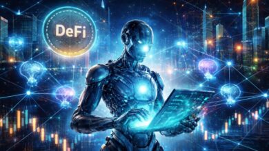AI analyzing DeFi in a cyberpunk city - Autonomous AI risk